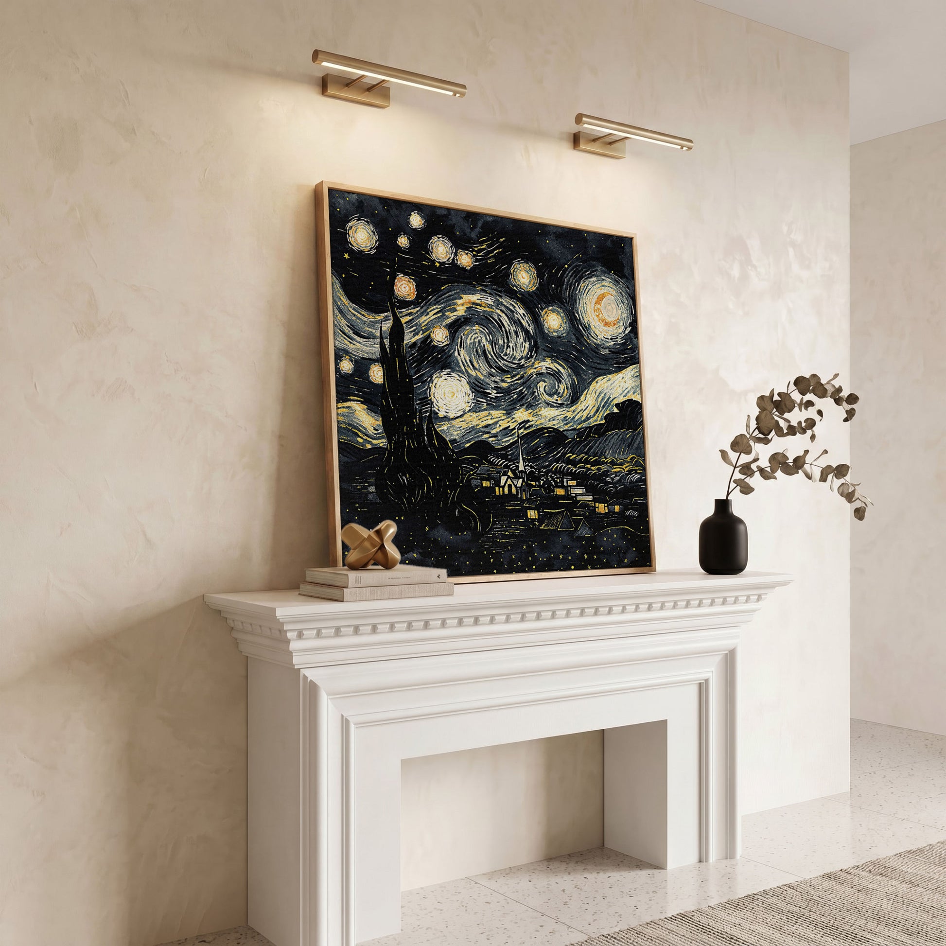 Swirling Night Sky Over a Village, Van Gogh Style Canvas Art in white oak floating frame
