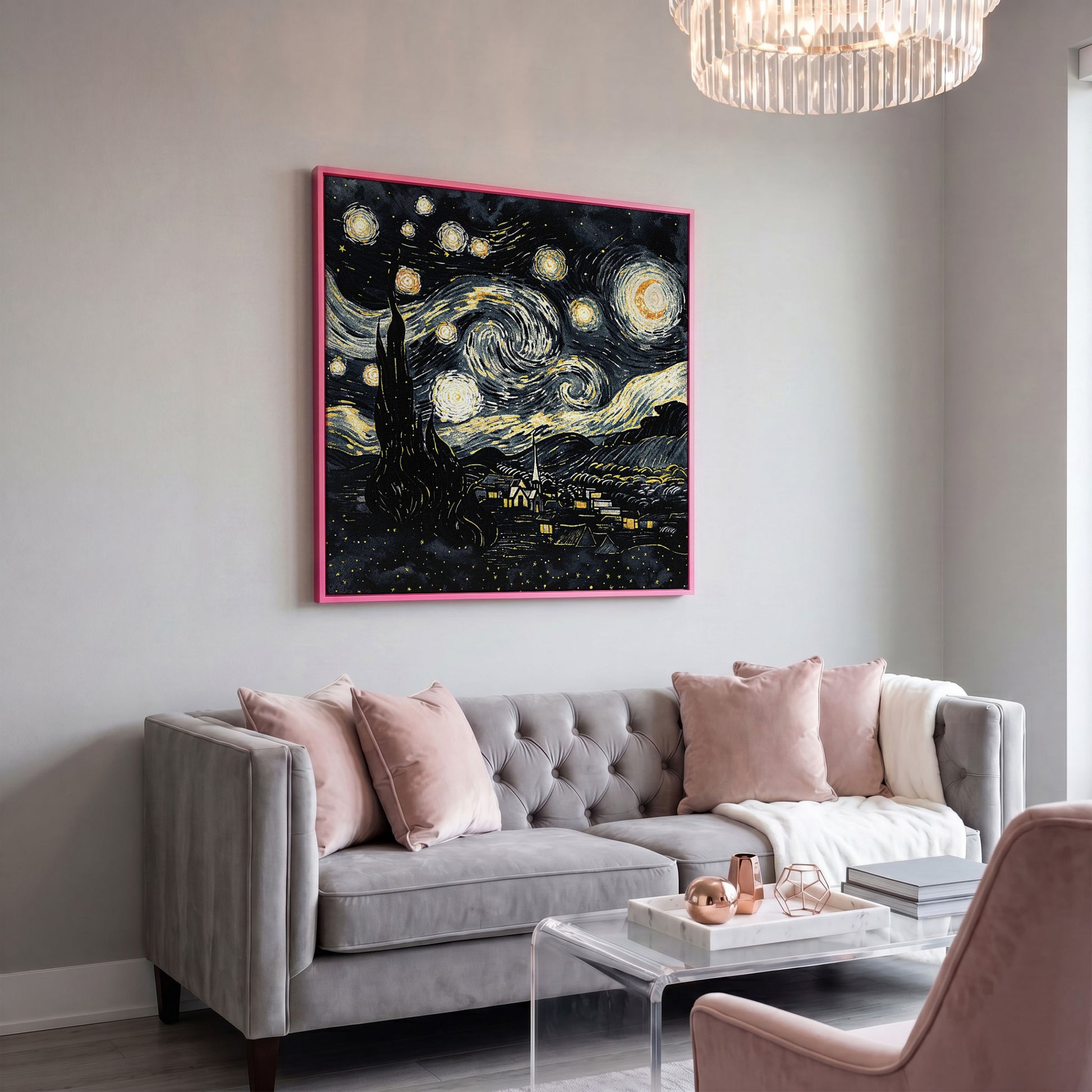 Swirling Night Sky Over a Village, Van Gogh Style Canvas Art in pink floating frame
