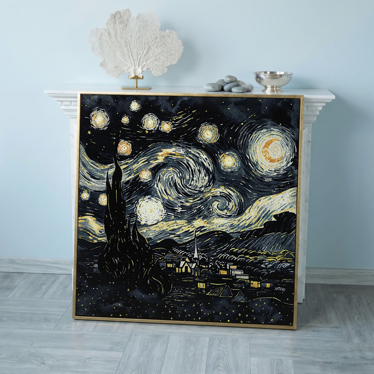 Swirling Night Sky Over a Village, Van Gogh Style Canvas Art in rose gold floating frame