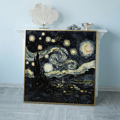 Swirling Night Sky Over a Village, Van Gogh Style Canvas Art in rose gold floating frame