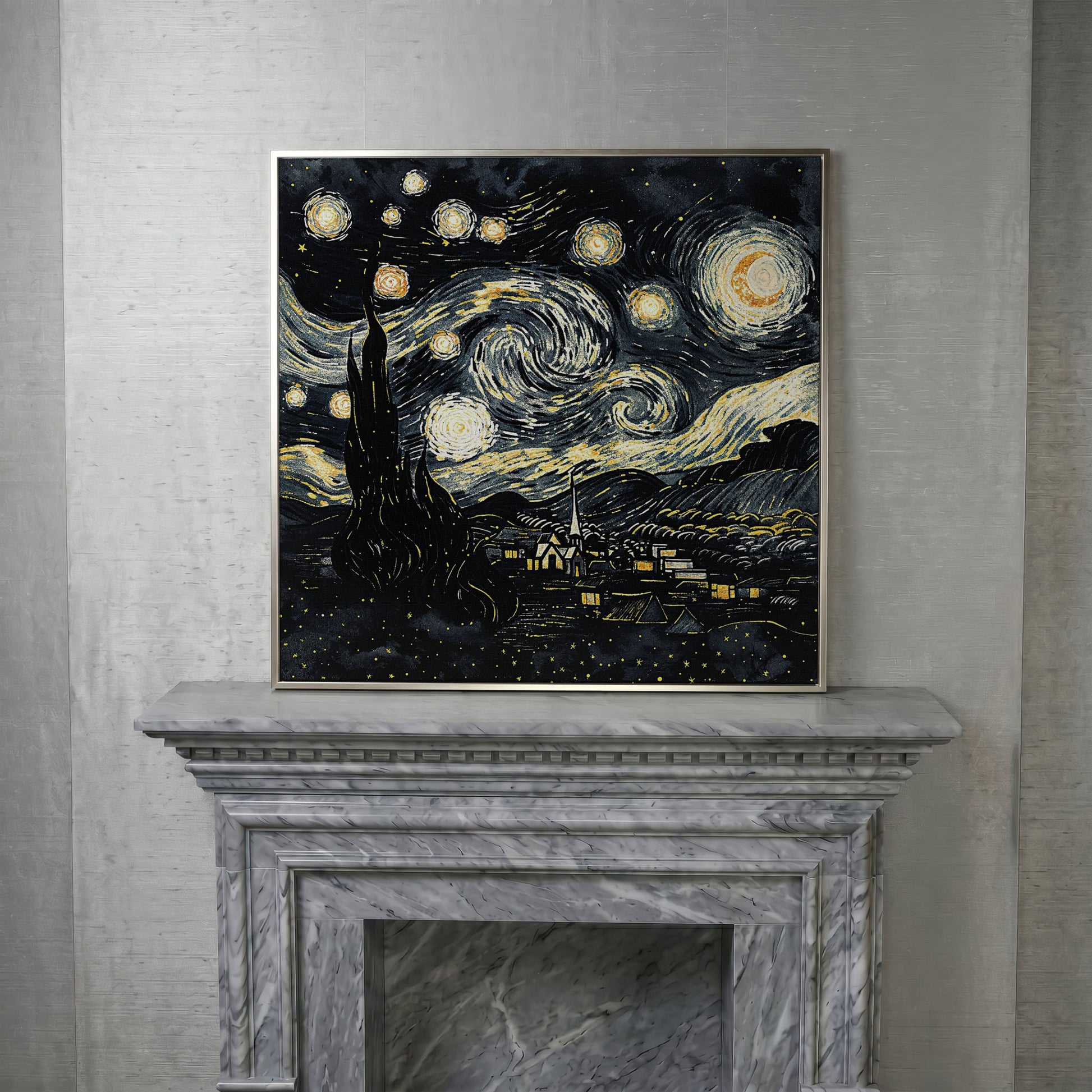 Swirling Night Sky Over a Village, Van Gogh Style Canvas Art in silver floating frame