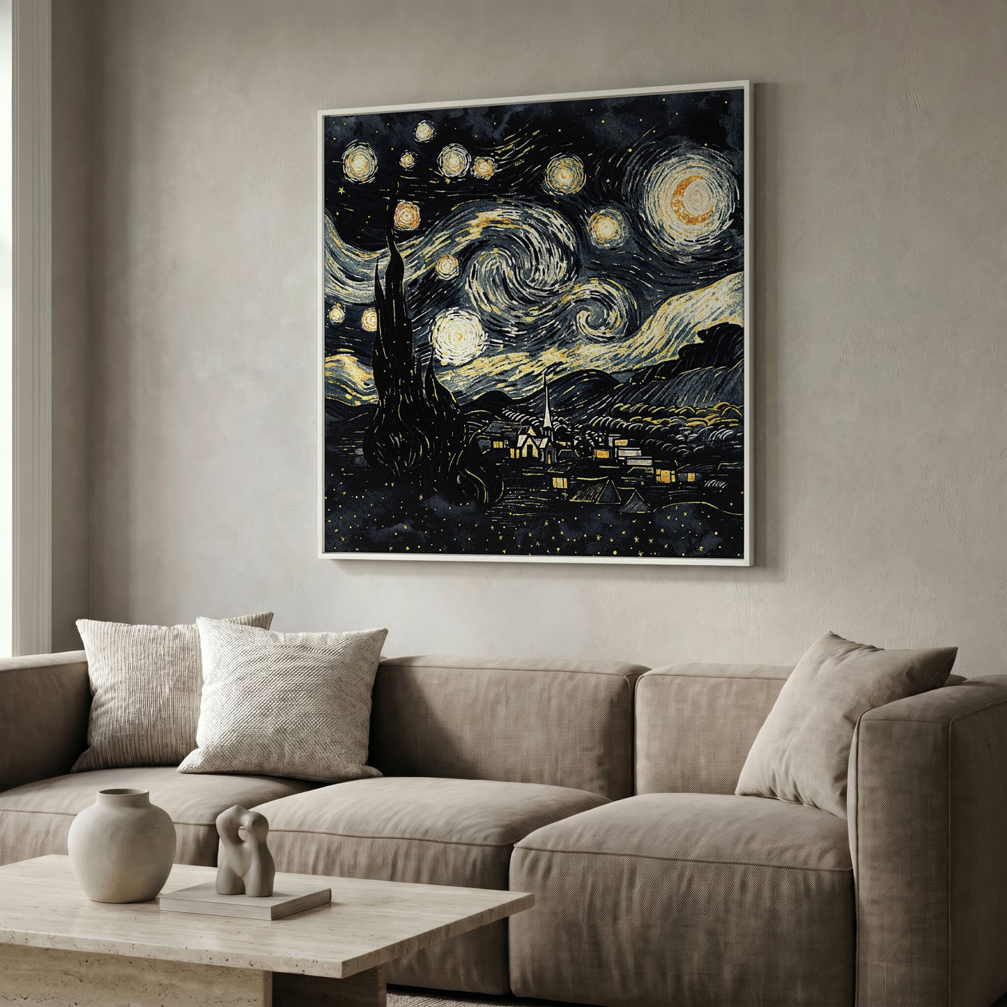 Swirling Night Sky Over a Village, Van Gogh Style Canvas Art in white floating frame