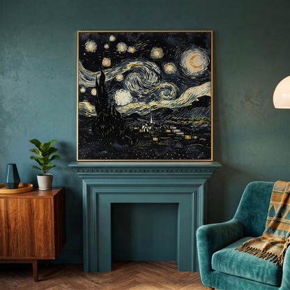 Swirling Night Sky Over a Village, Van Gogh Style Canvas Art in yellow gold floating frame