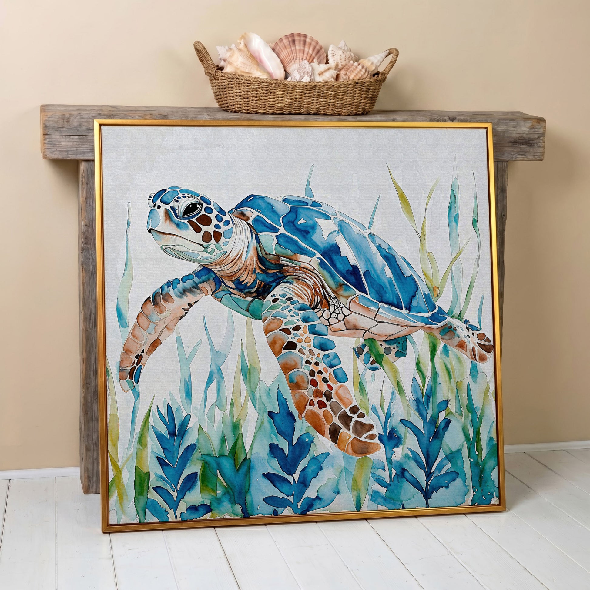 Sea Turtle Canvas Wall Art, Square in antique gold floating frame