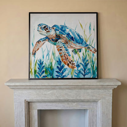 Sea Turtle Canvas Wall Art, Square in black floating frame