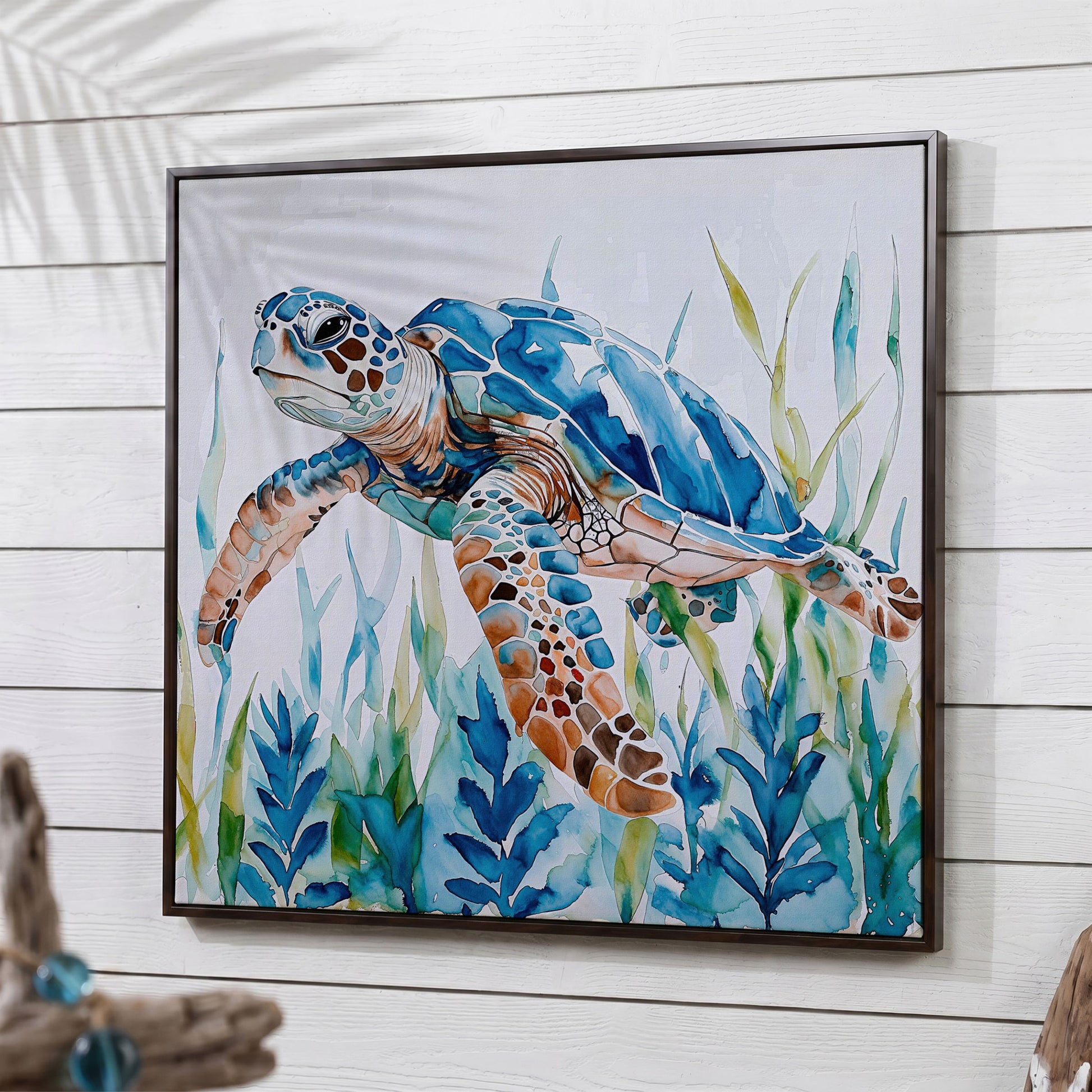 Sea Turtle Canvas Wall Art, Square in dark walnut floating frame