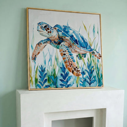 Sea Turtle Canvas Wall Art, Square in white oak floating frame