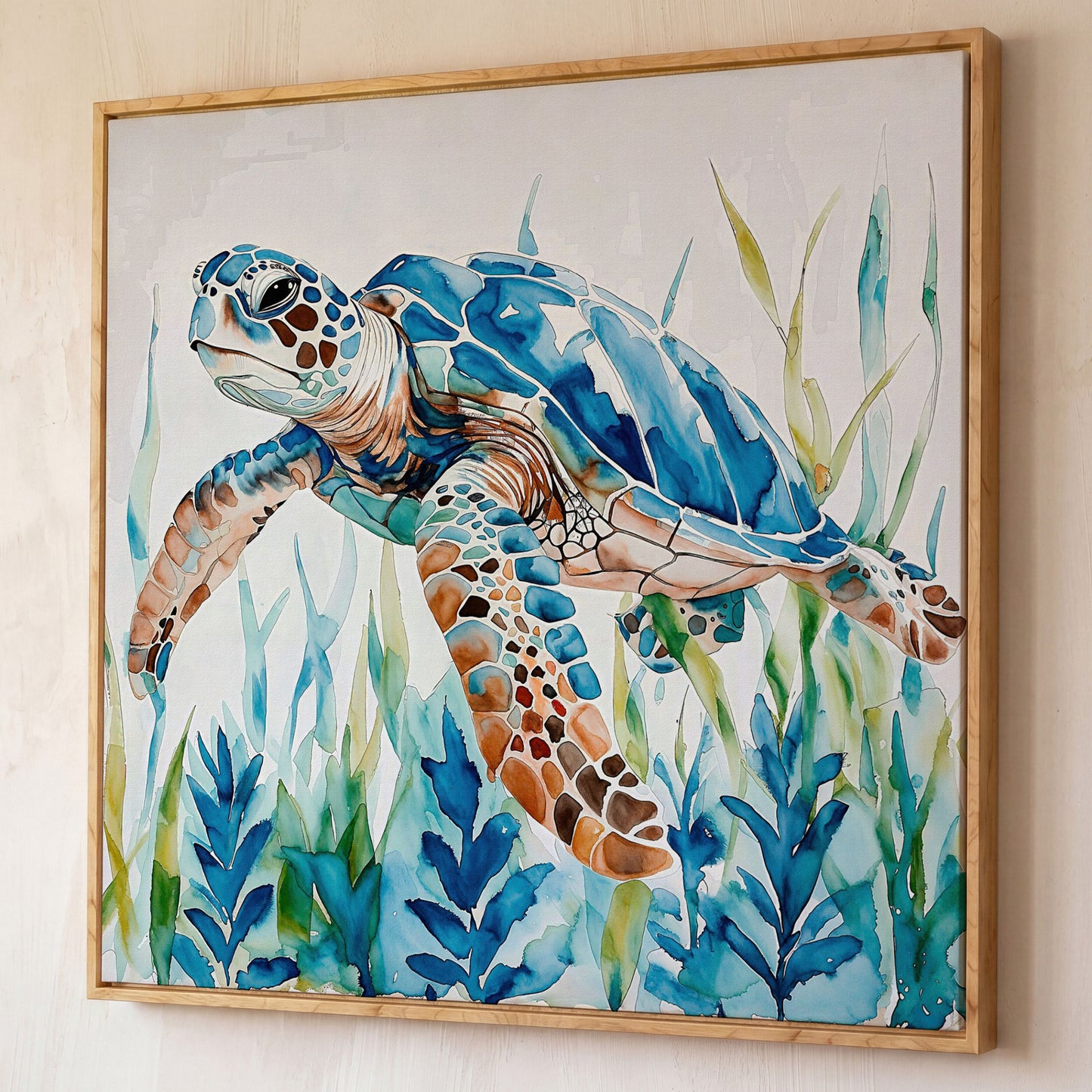 Sea Turtle Canvas Wall Art, Square shown in white oak floating frame