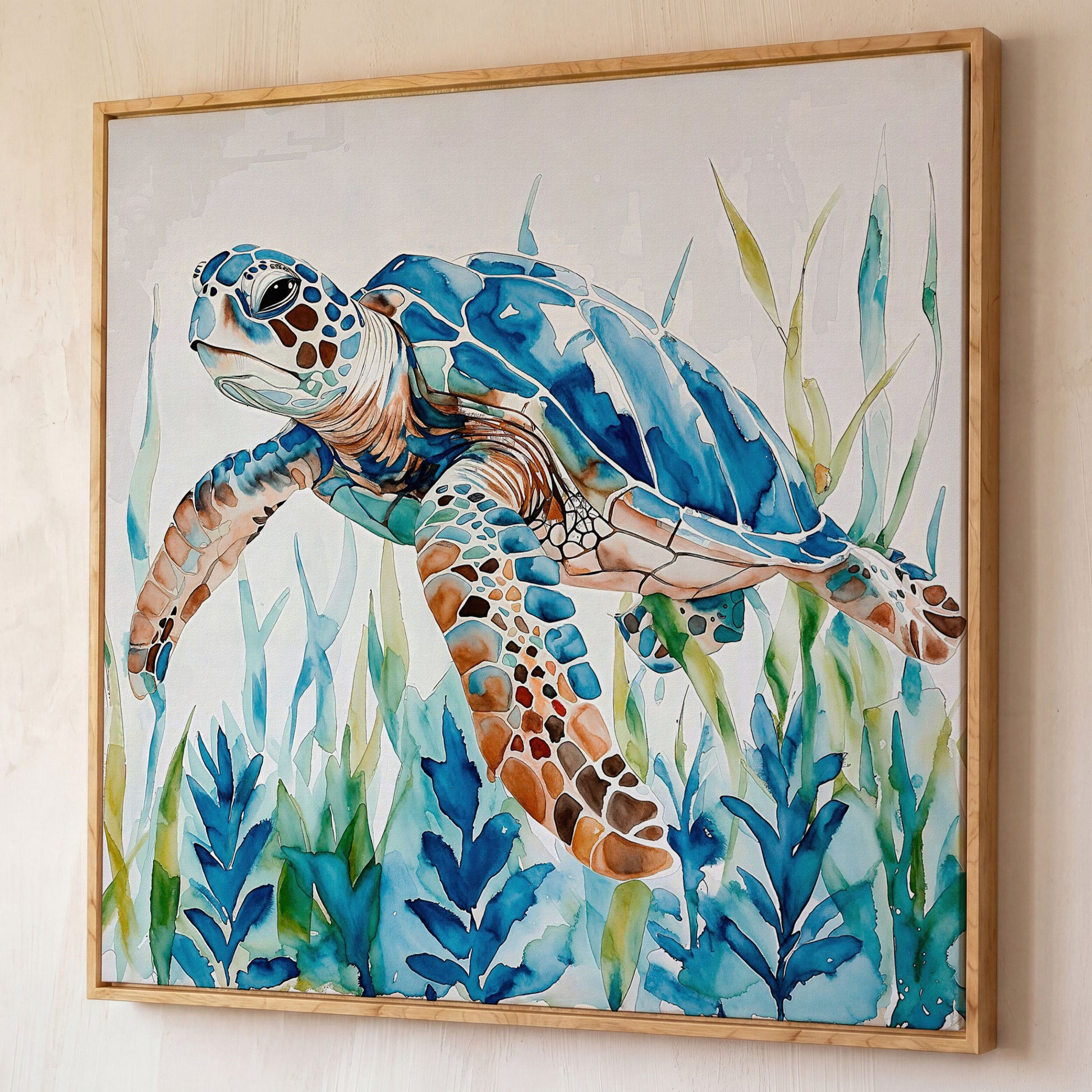 Sea Turtle Canvas Wall Art, Square shown in white oak floating frame