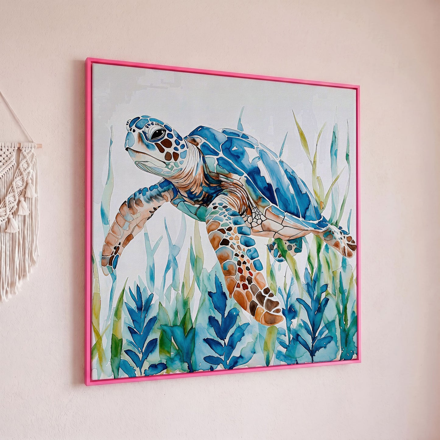 Sea Turtle Canvas Wall Art, Square in pink floating frame