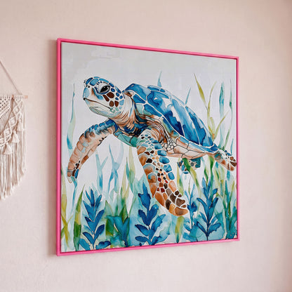Sea Turtle Canvas Wall Art, Square in pink floating frame