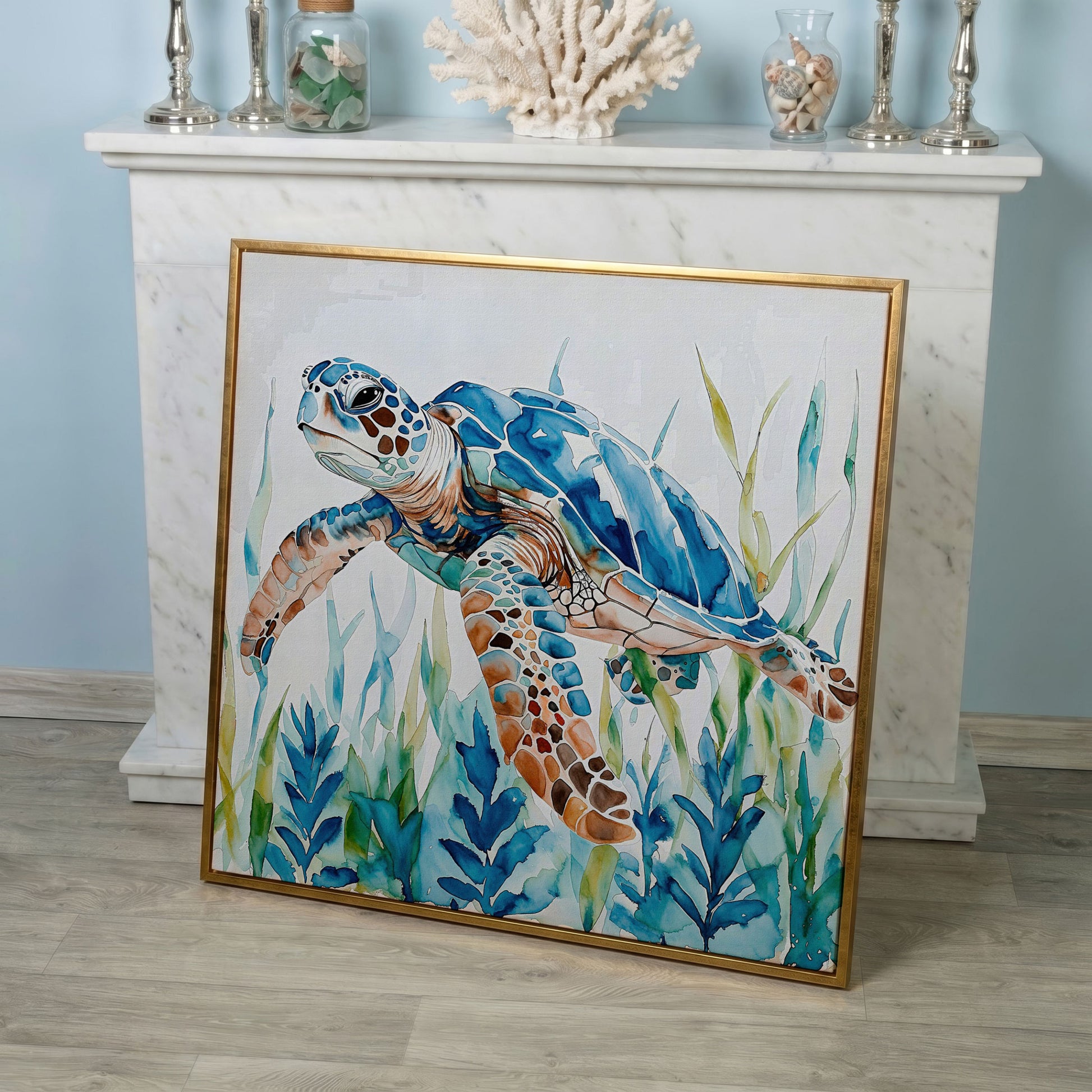 Sea Turtle Canvas Wall Art, Square in rose gold floating frame