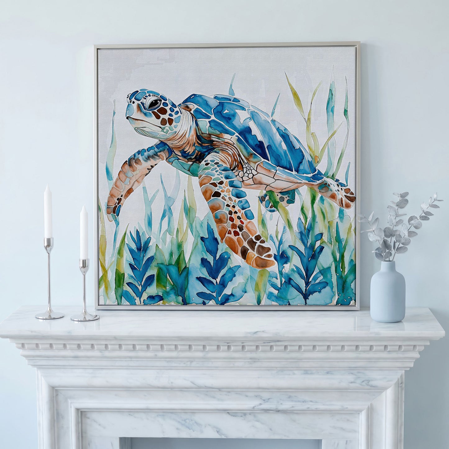Sea Turtle Canvas Wall Art, Square in silver floating frame