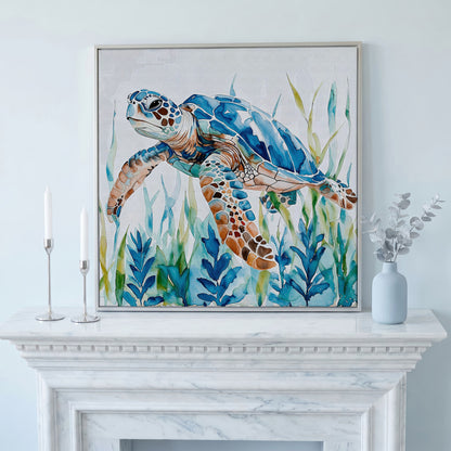 Sea Turtle Canvas Wall Art, Square in silver floating frame