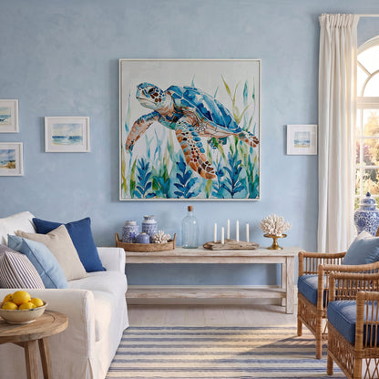 Sea Turtle Canvas Wall Art, Square in white floating frame