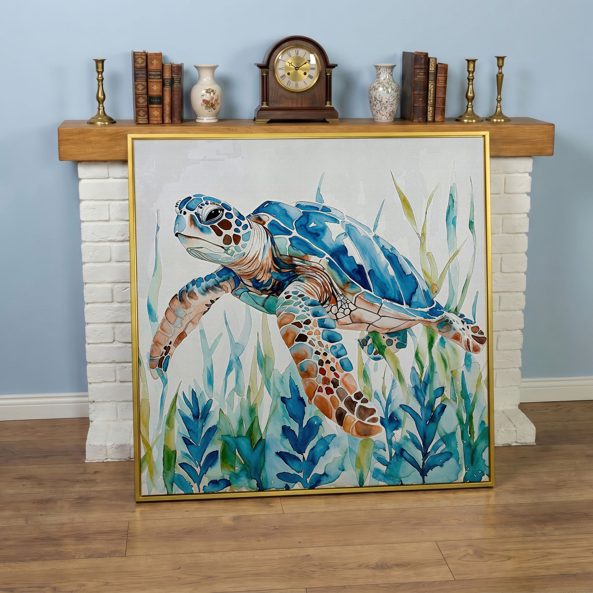 Sea Turtle Canvas Wall Art, Square in yellow gold floating frame