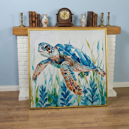 Sea Turtle Canvas Wall Art, Square in yellow gold floating frame