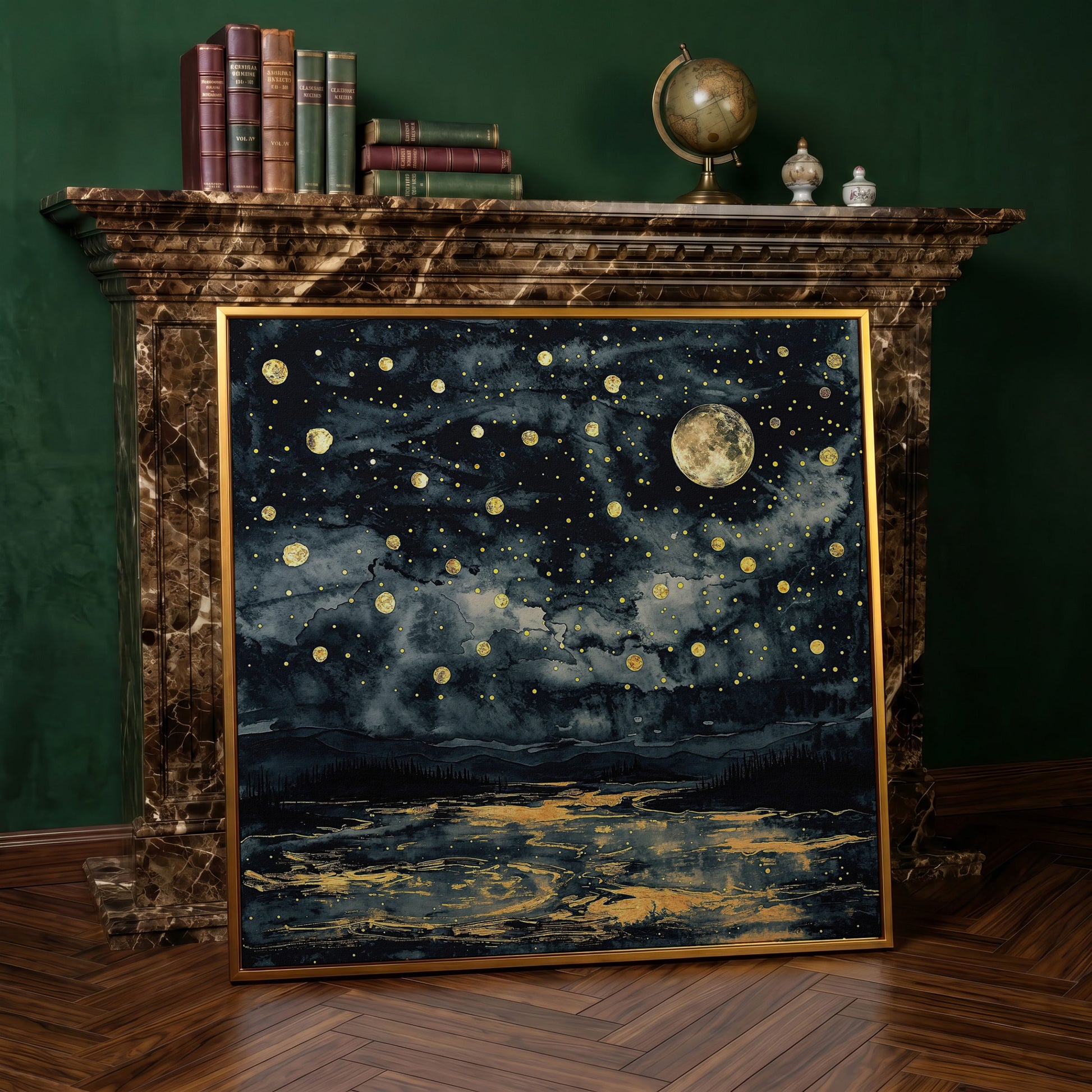 Full Moon Over Still Water. Celestial Night Canvas Art in antique gold floating frame