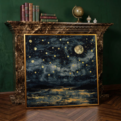 Full Moon Over Still Water. Celestial Night Canvas Art in antique gold floating frame