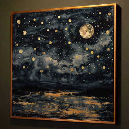 Full Moon Over Still Water. Celestial Night Canvas Art shown in antique gold floating frame