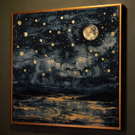 Full Moon Over Still Water. Celestial Night Canvas Art shown in antique gold floating frame
