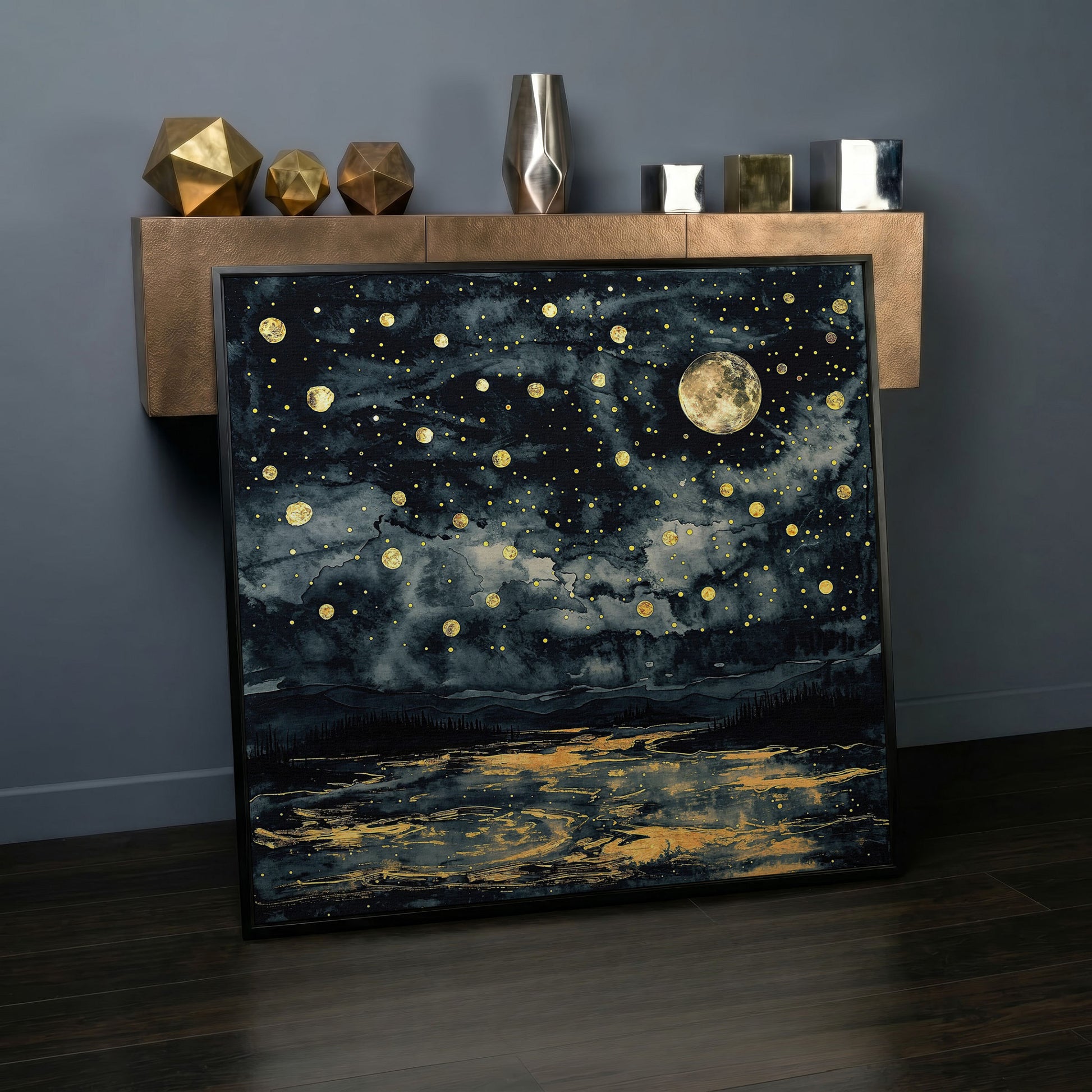 Full Moon Over Still Water. Celestial Night Canvas Art in black floating frame