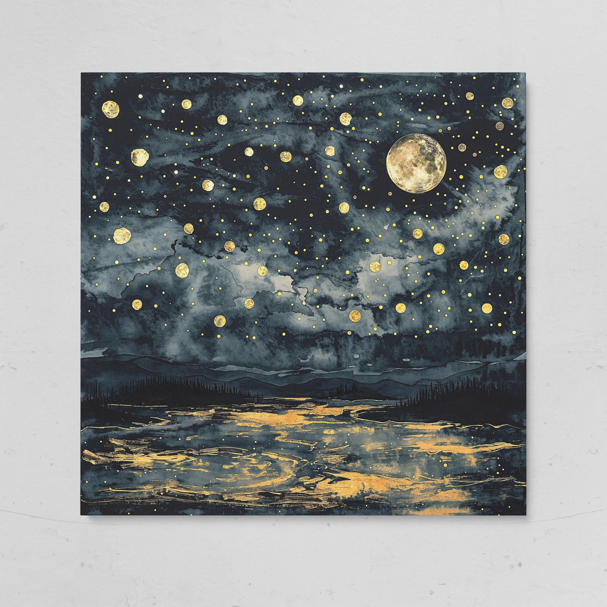 Full Moon Over Still Water. Celestial Night Canvas Art on gallery wrap