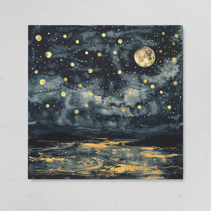 Full Moon Over Still Water. Celestial Night Canvas Art on gallery wrap