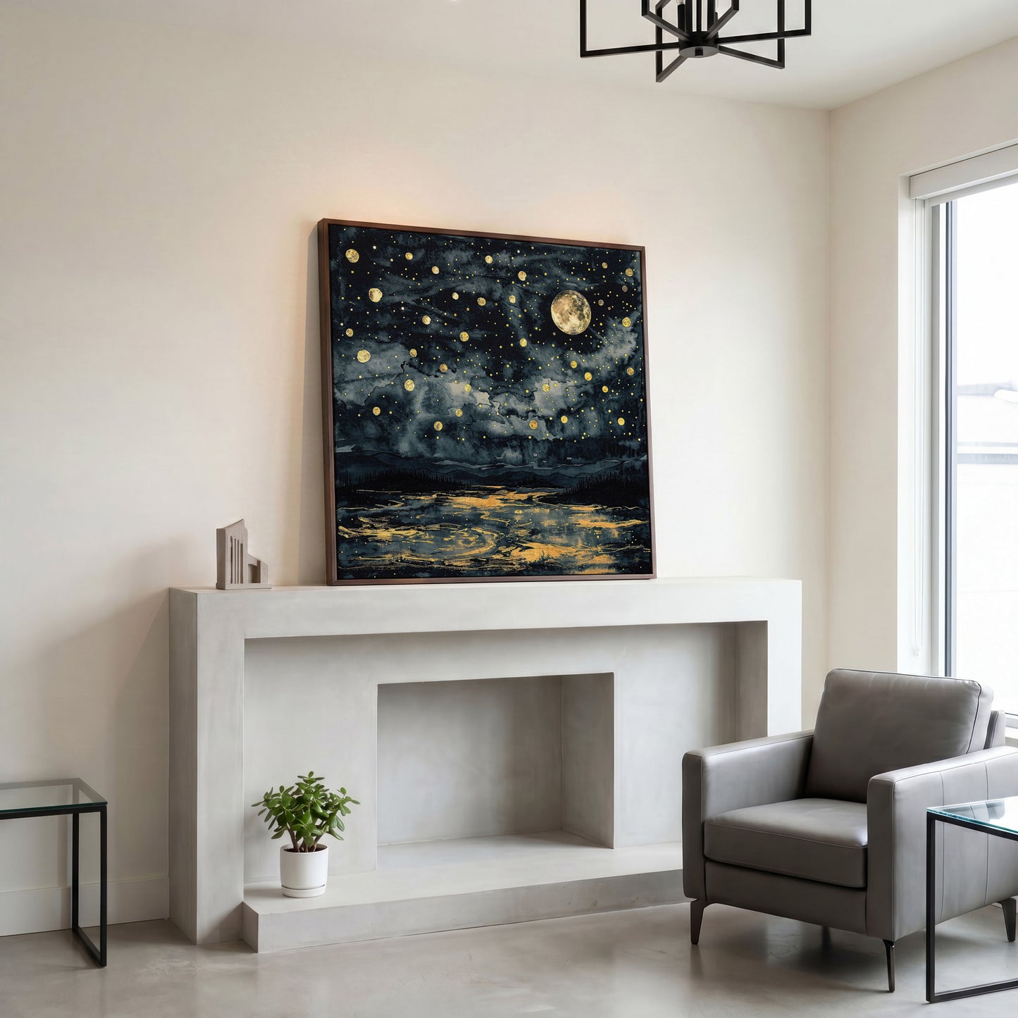 Full Moon Over Still Water. Celestial Night Canvas Art in dark walnut floating frame