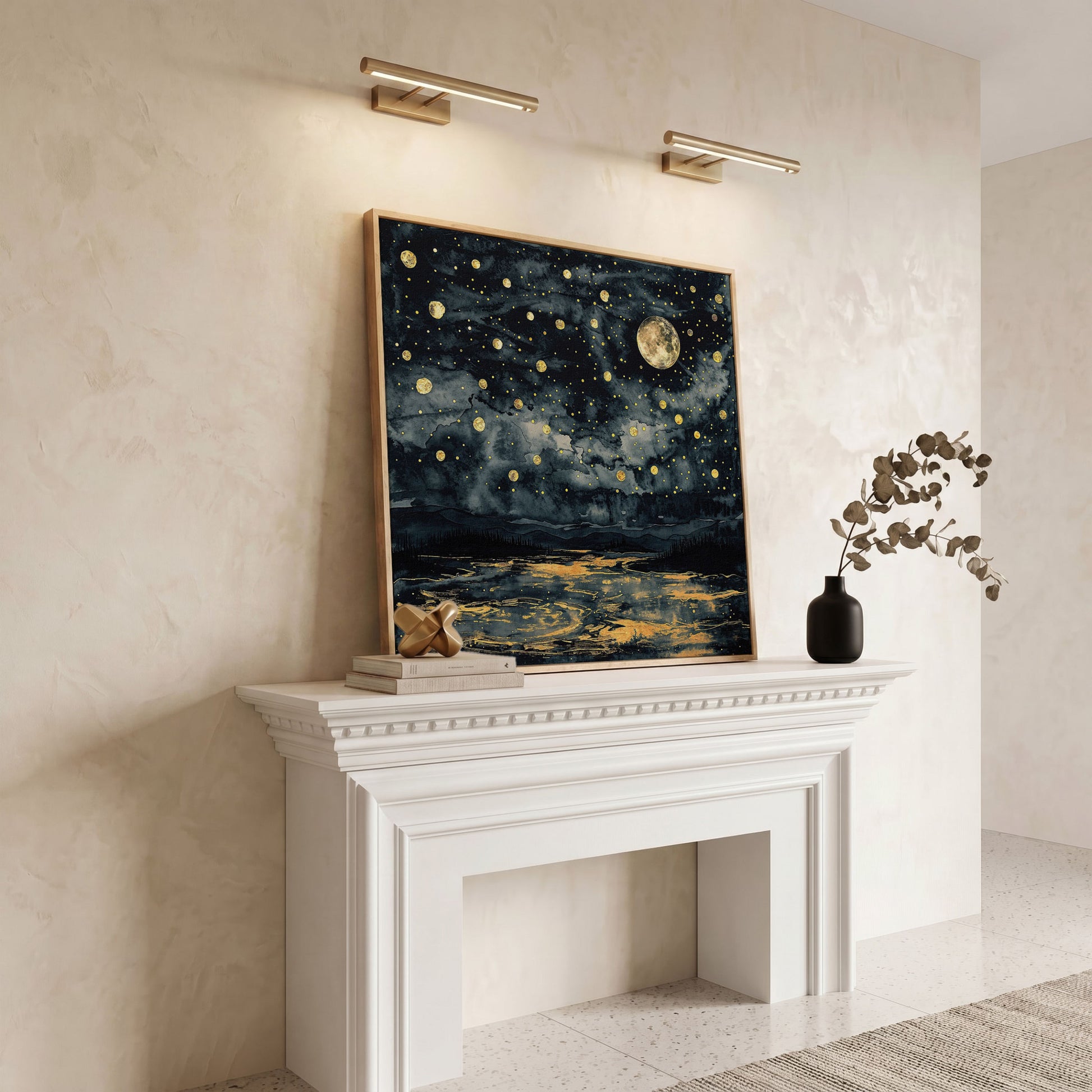 Full Moon Over Still Water. Celestial Night Canvas Art in white oak floating frame