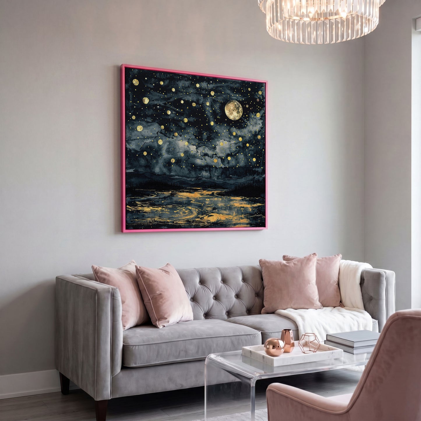 Full Moon Over Still Water. Celestial Night Canvas Art in pink floating frame