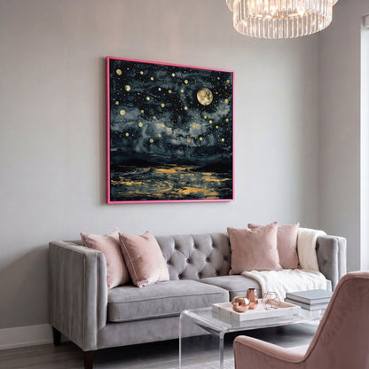 Full Moon Over Still Water. Celestial Night Canvas Art in pink floating frame