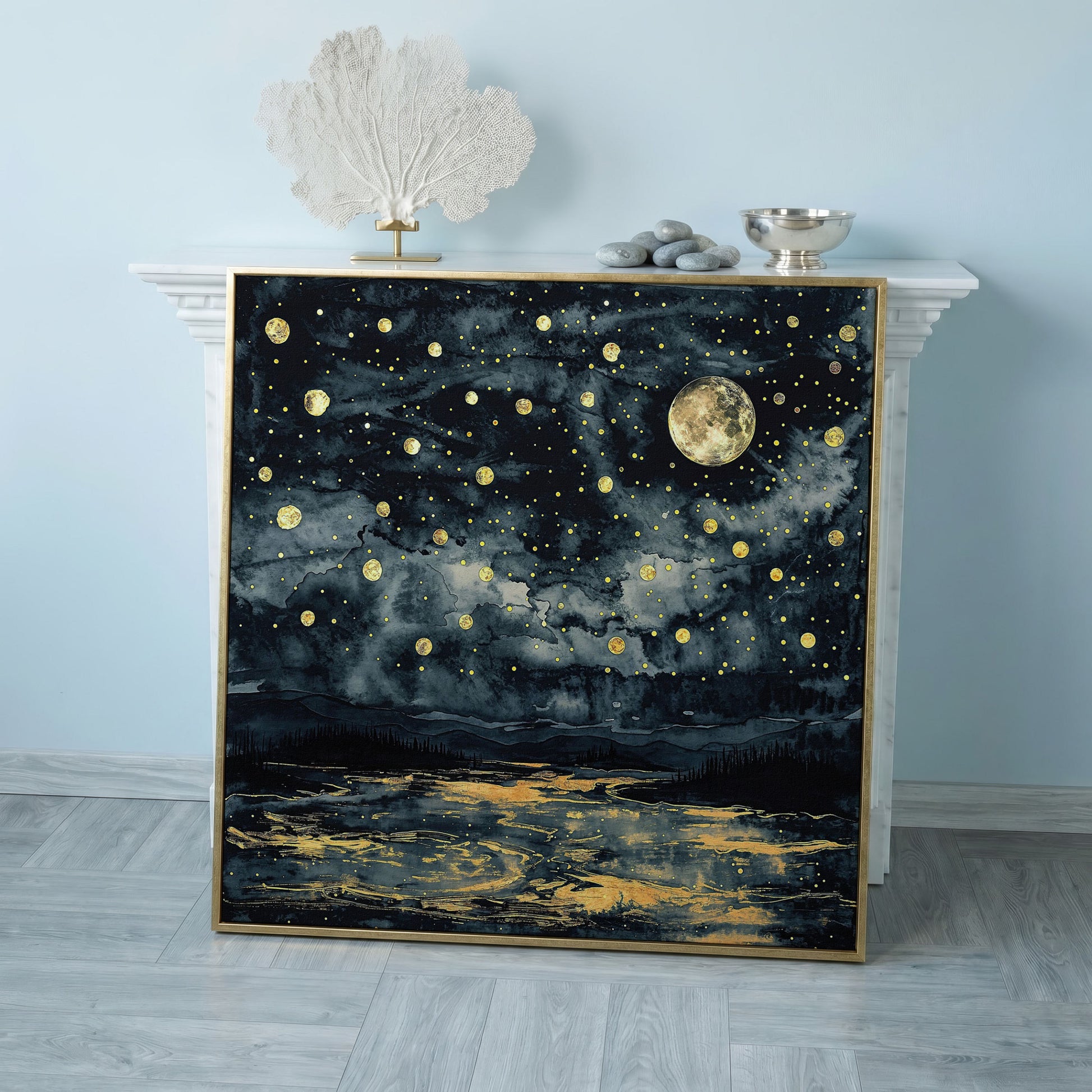 Full Moon Over Still Water. Celestial Night Canvas Art in rose gold floating frame