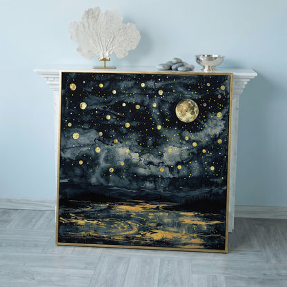 Full Moon Over Still Water. Celestial Night Canvas Art in rose gold floating frame