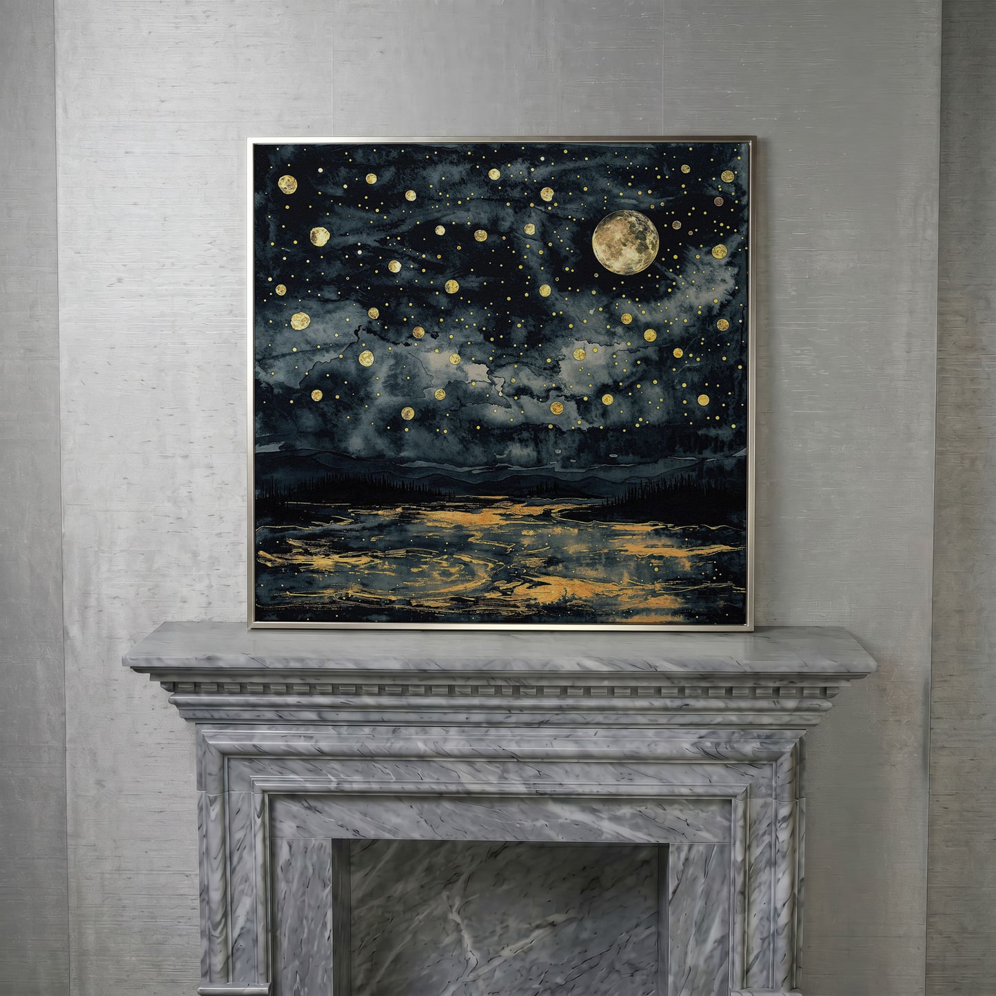 Full Moon Over Still Water. Celestial Night Canvas Art in silver floating frame