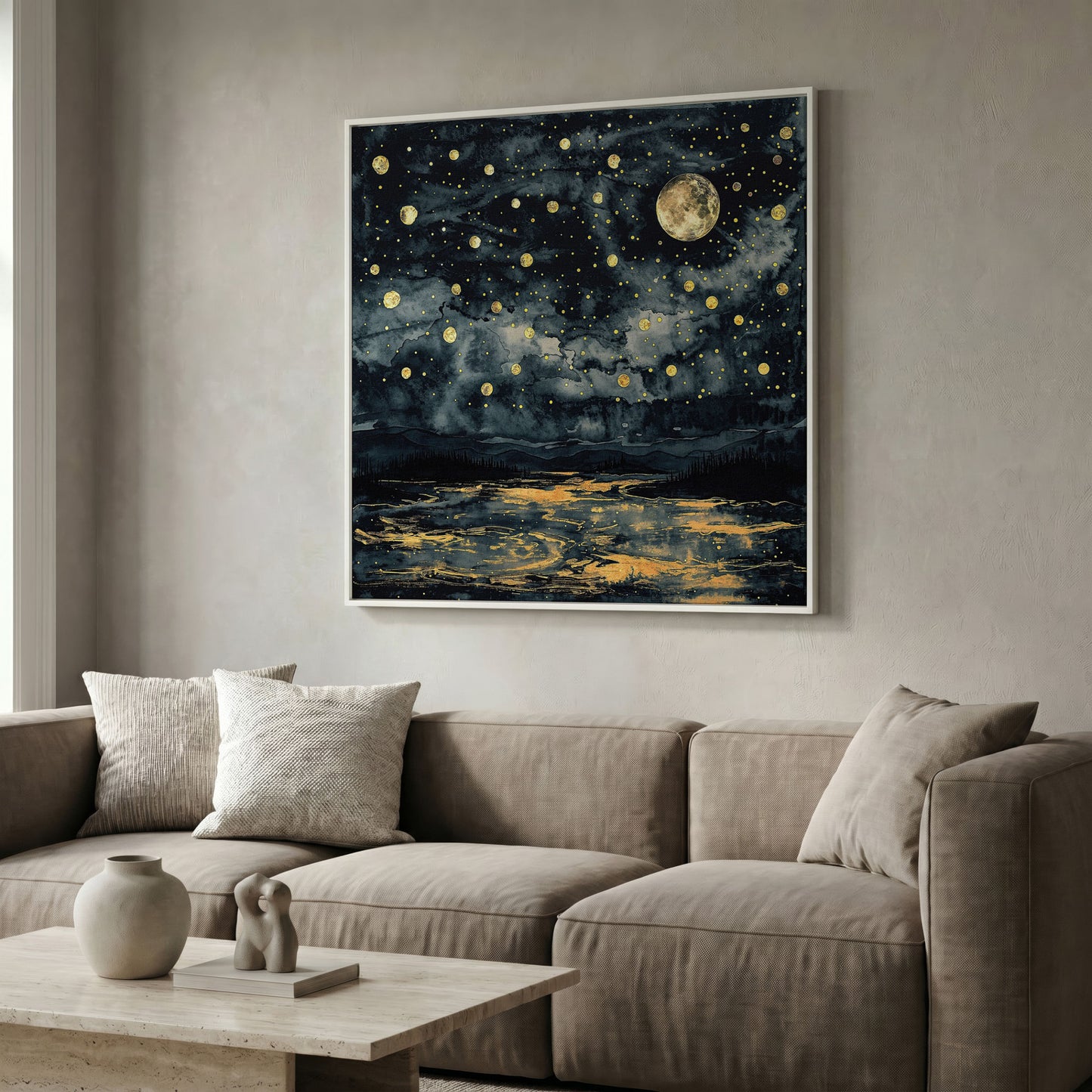 Full Moon Over Still Water. Celestial Night Canvas Art in white floating frame