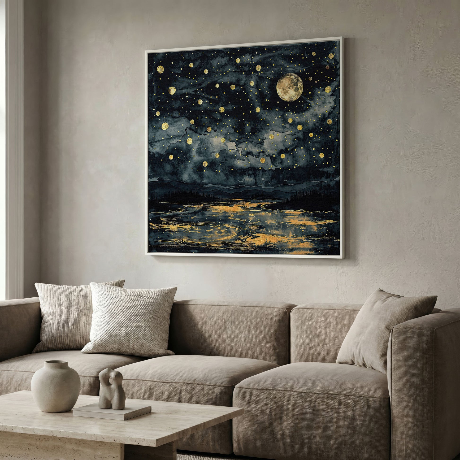 Full Moon Over Still Water. Celestial Night Canvas Art in white floating frame