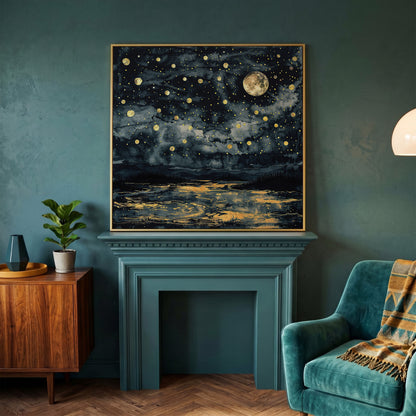 Full Moon Over Still Water. Celestial Night Canvas Art in yellow gold floating frame