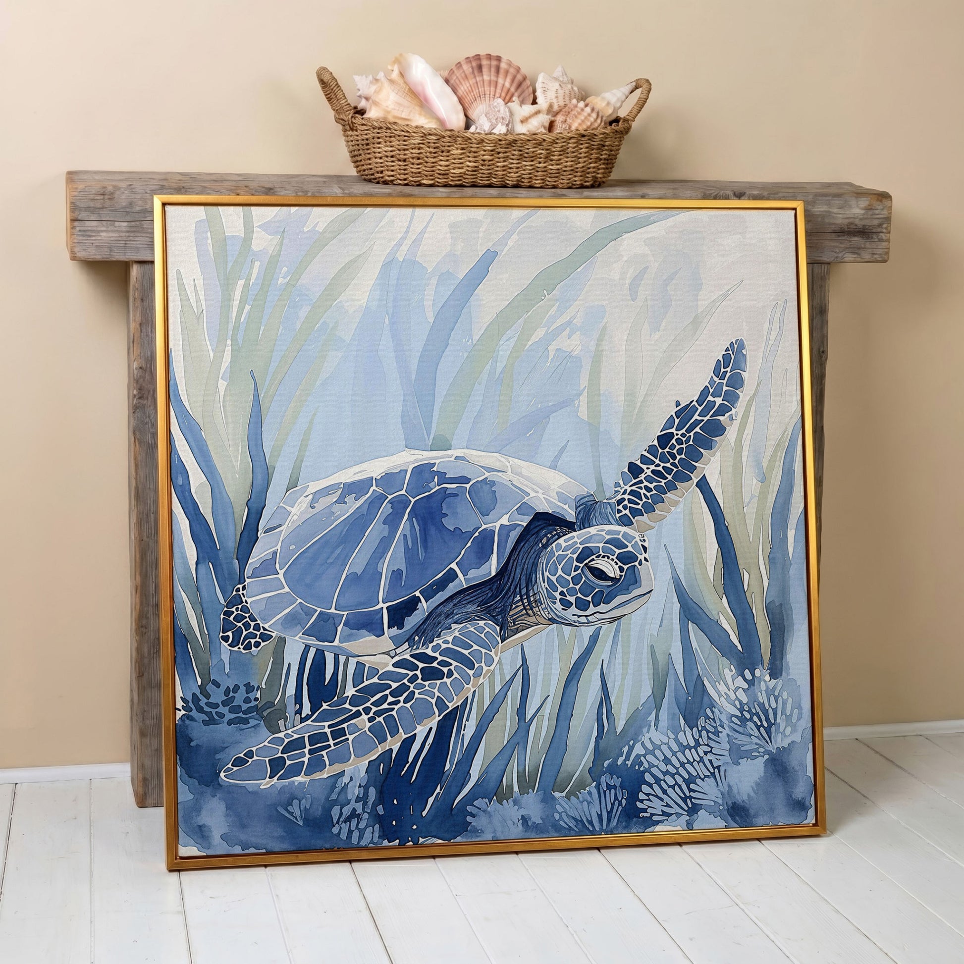Sea Turtle Canvas Print in Blue Tones in antique gold floating frame