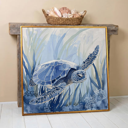 Sea Turtle Canvas Print in Blue Tones in antique gold floating frame
