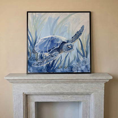 Sea Turtle Canvas Print in Blue Tones in black floating frame