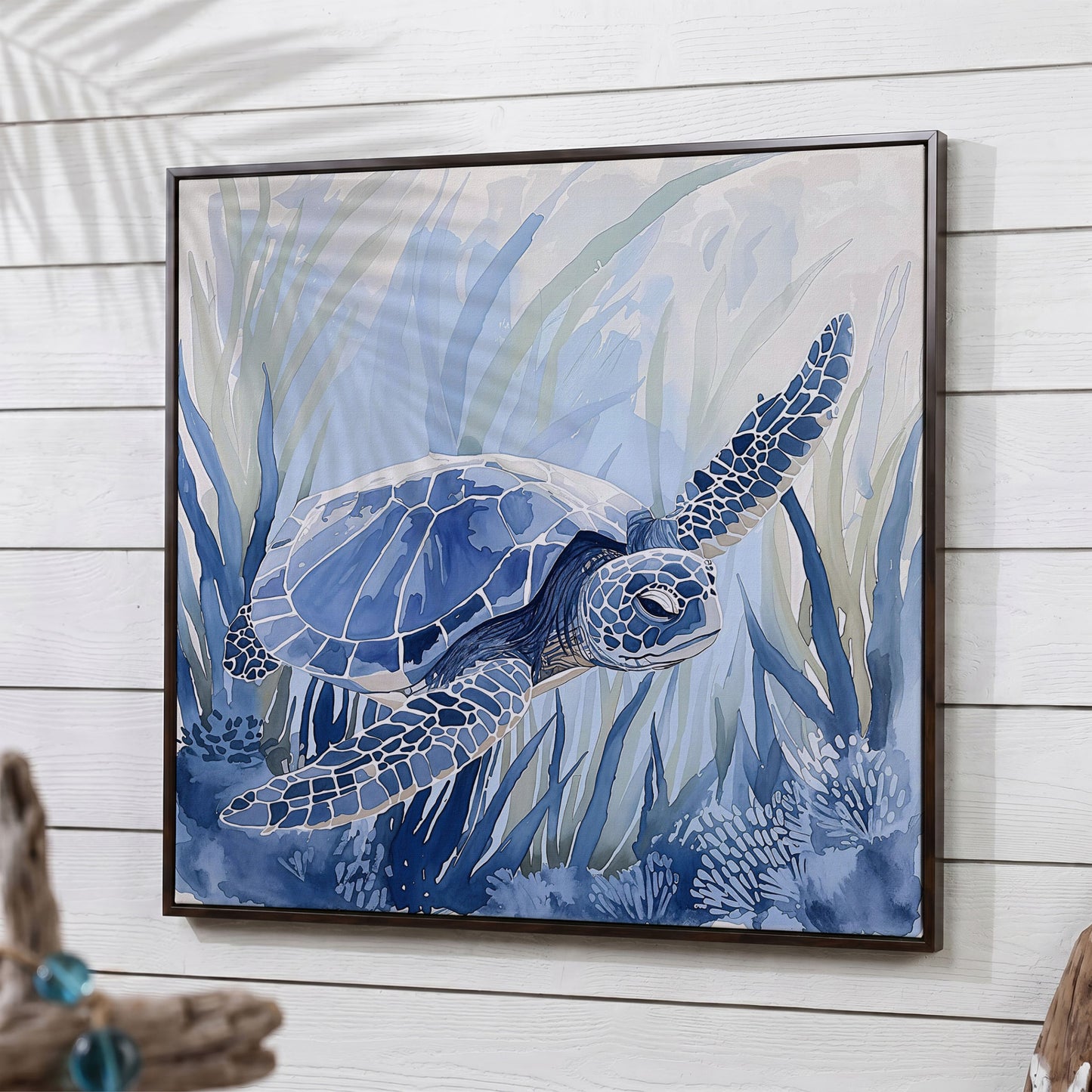 Sea Turtle Canvas Print in Blue Tones in dark walnut floating frame