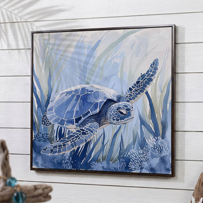 Sea Turtle Canvas Print in Blue Tones in dark walnut floating frame