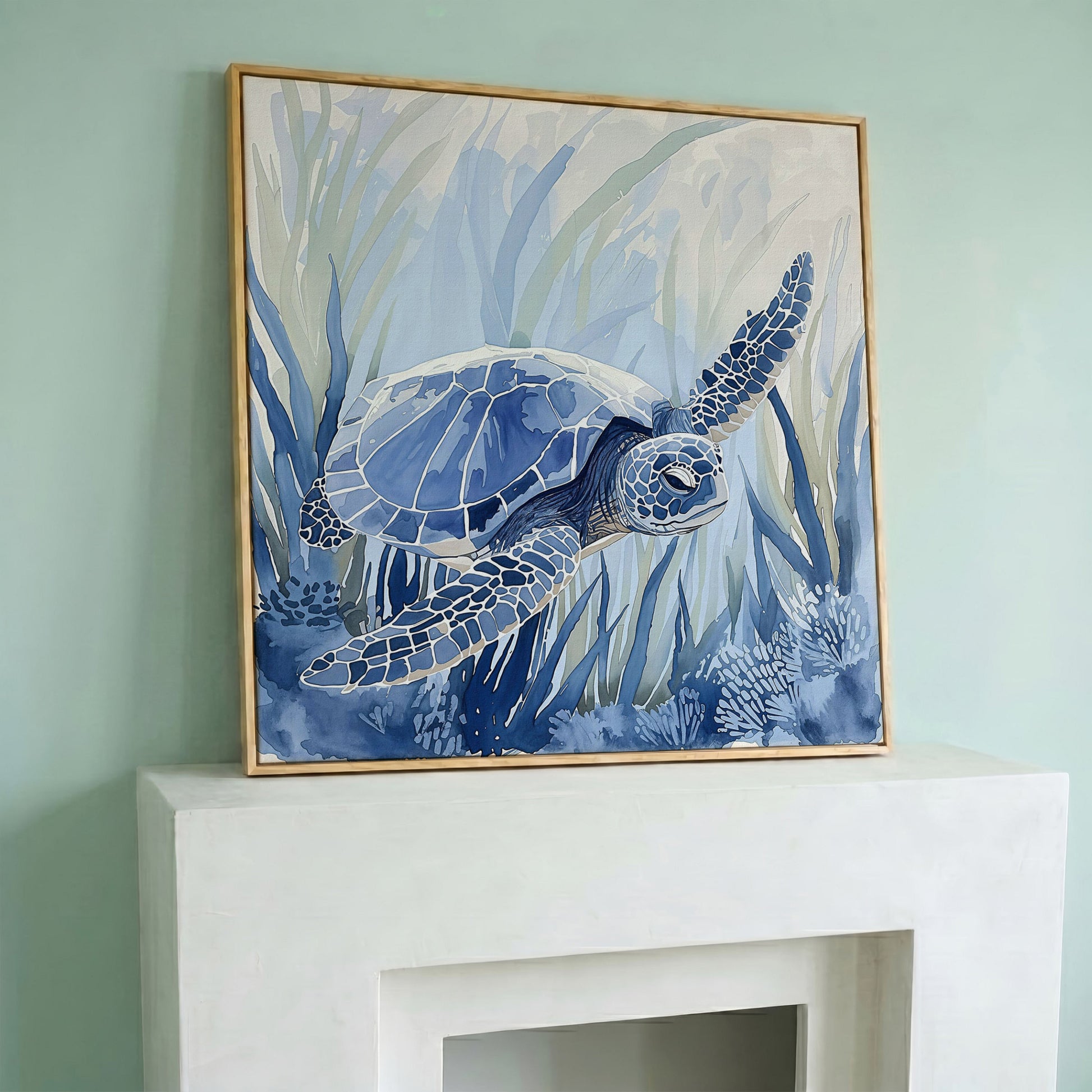 Sea Turtle Canvas Print in Blue Tones in white oak floating frame