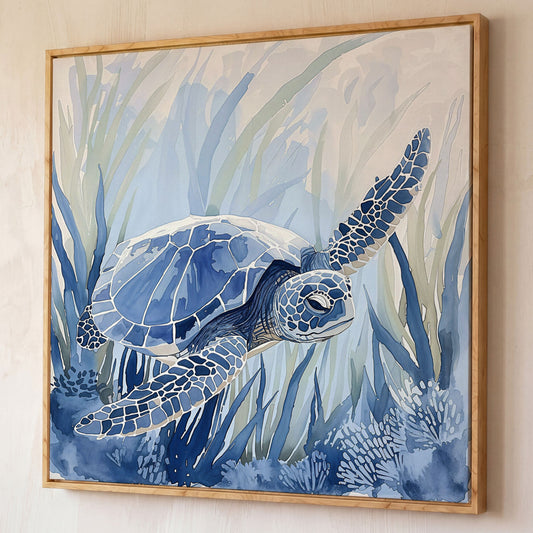 Sea Turtle Canvas Print in Blue Tones shown in white oak floating frame