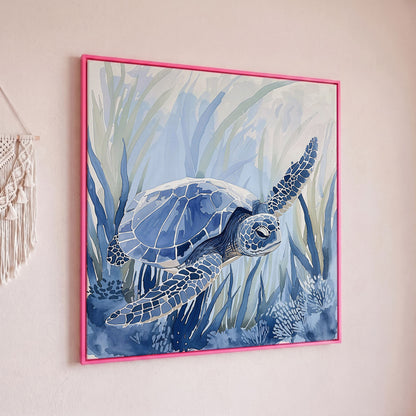 Sea Turtle Canvas Print in Blue Tones in pink floating frame