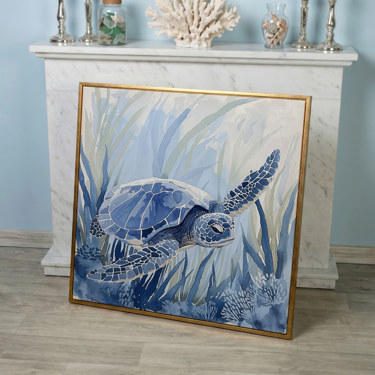 Sea Turtle Canvas Print in Blue Tones in rose gold floating frame