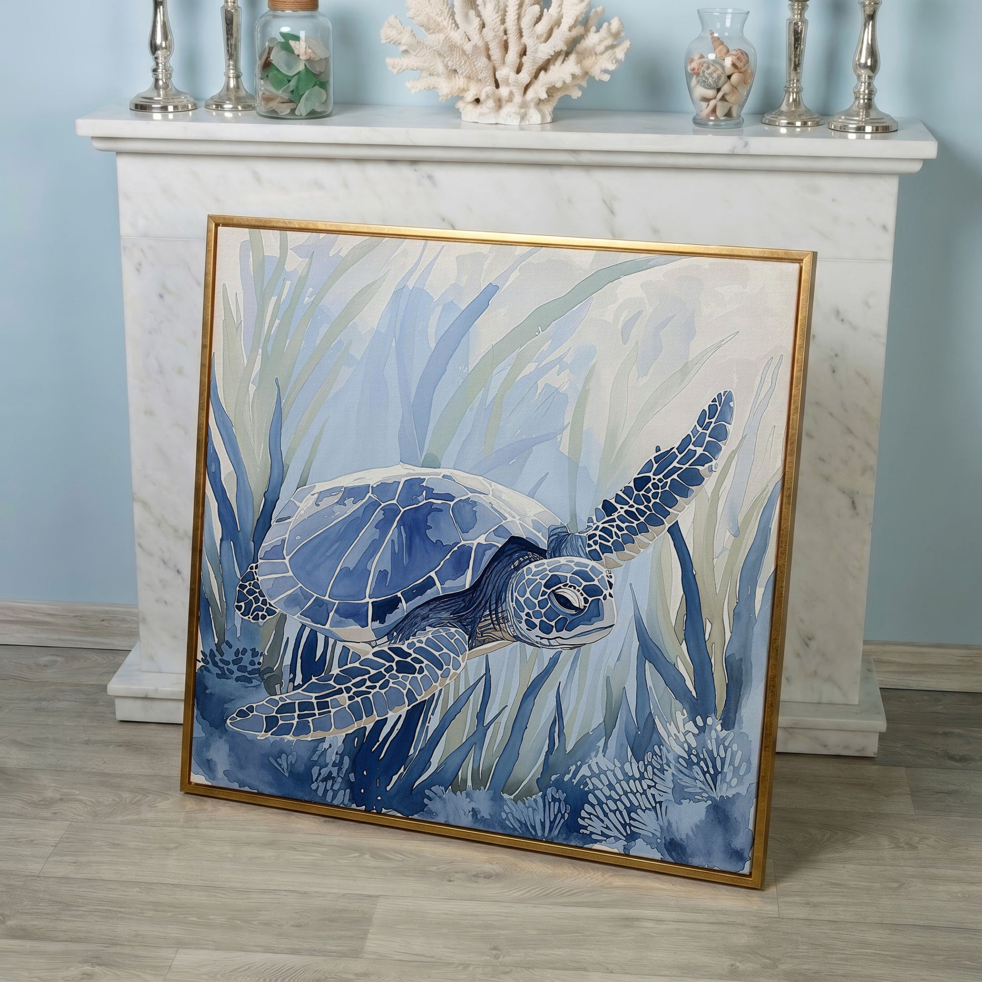 Sea Turtle Canvas Print in Blue Tones in rose gold floating frame