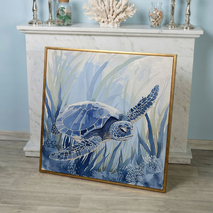 Sea Turtle Canvas Print in Blue Tones in rose gold floating frame
