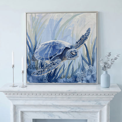 Sea Turtle Canvas Print in Blue Tones in silver floating frame